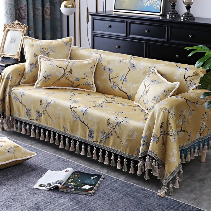 

Birds Printed Tassels 3-seater Couch Cover for Recliner Sofa Chair Single Loveseat Sofa Covers for Living Room Sofa Towel Yellow