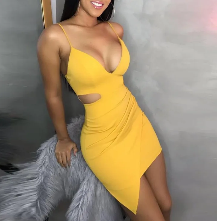 

Ladies New Style Pure Color Sexy Bag Hip Dress V-neck Sleeveless Suspender Tight Skirt Nightclub Dress