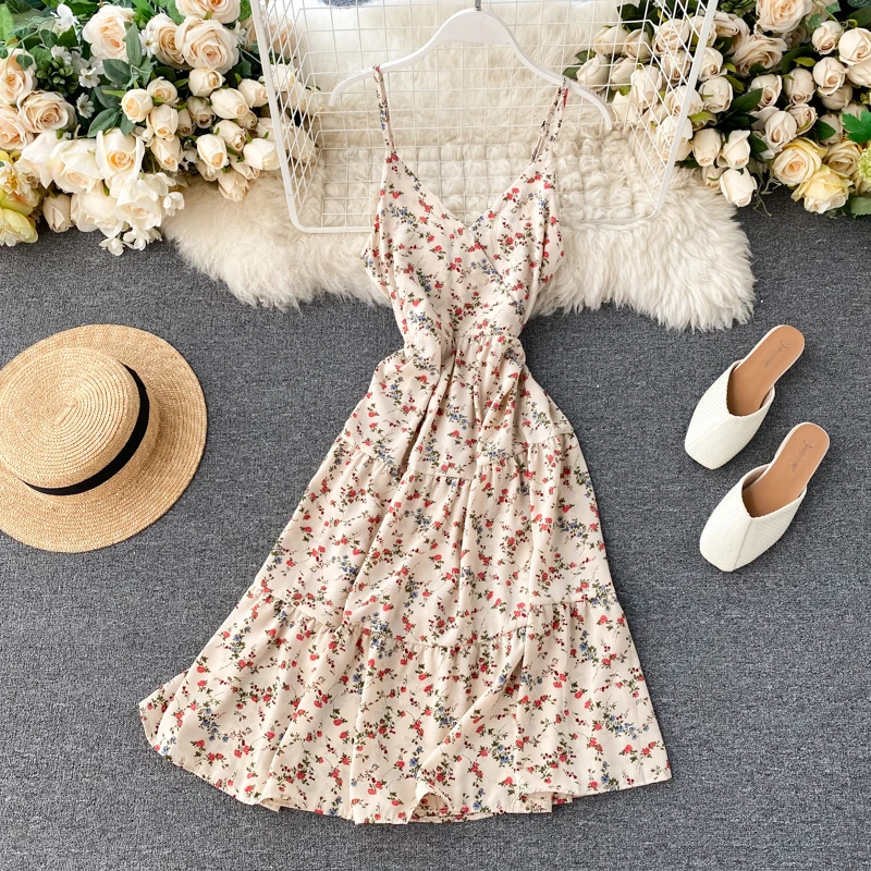 

New Summer Dress Print Floral Women's Clothing Vintage Beach Style Women Dresses V Neck High Waist 2020 Korean Fashion Vestidos