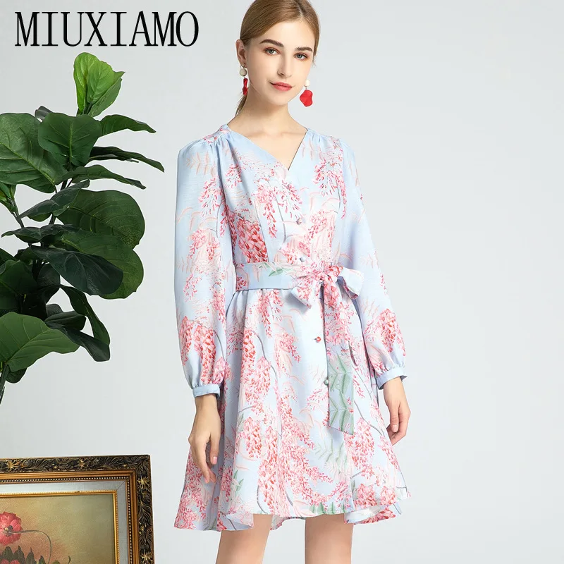

MIUXIMAO 2021 Spring Summer V- Neck Flower Printed Full Sleeve Elegant Casual Midi Dress Women Vestidos with Belt