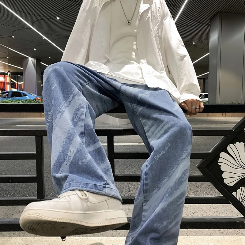 Mens Tie Dye Jeans Japanese Fashion Trends Distressed Clothing Teen Straight Leg Denim Pants Harajuku Casual Vintage Streetwear