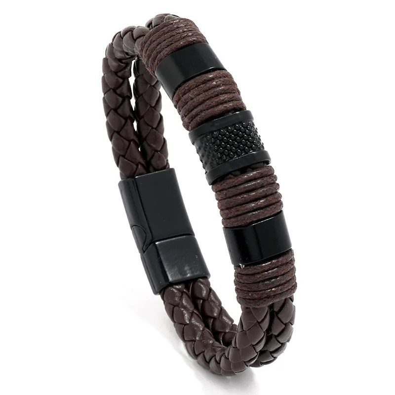 

Jessingshow Vintage Brown Leather Bracelet Men Alloy Magnetic Clasp Bangle Goth Wristband Male Jewelry Halloween Christmas Gift