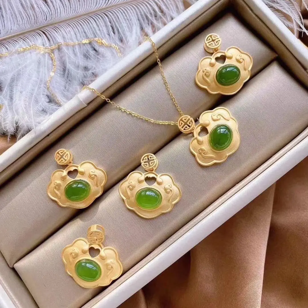 

Ancient Style Gold Inlaid with Jade Natural Hetian Jade Green Jade Ruyi Pendant Necklace Gourd Pendant for Safety Gilding Pers