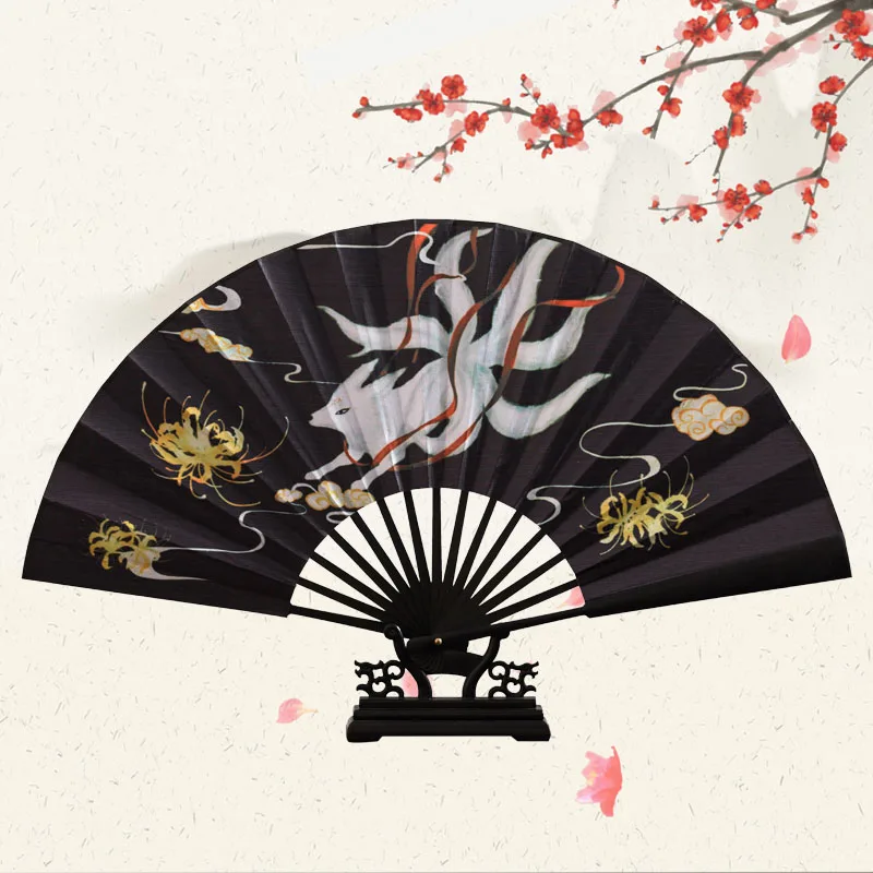 Chinese style Anime folding fan Nine-tailed fox White Dragon Night God Hell Flowers peach blossom vintage bamboo Hanfu fan images - 6