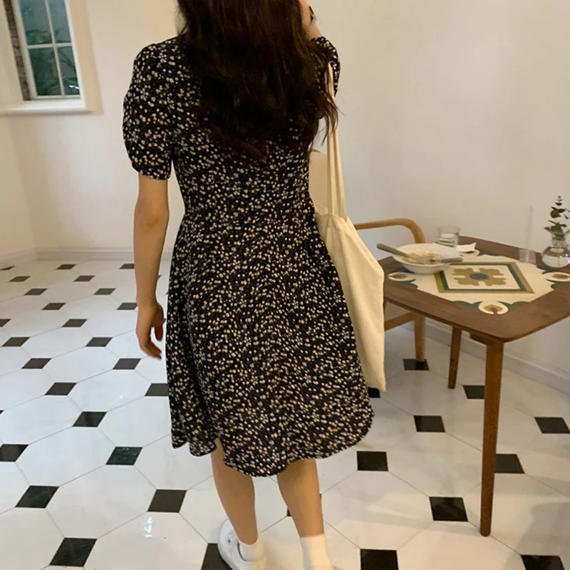 

Ruffled Chic Dress Women Summer Purple High Waist Midi Elegant Floral Sweet V-Neck Short Sleeve Slim Trendy Casual Daily Dress