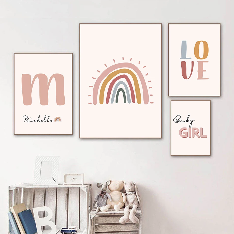 

Bohemian Rainbow Love Custom Name Canvas Painting Posters and Prints Canvas Wall Art Paintings for Baby Kids Bedroom Wall Decor