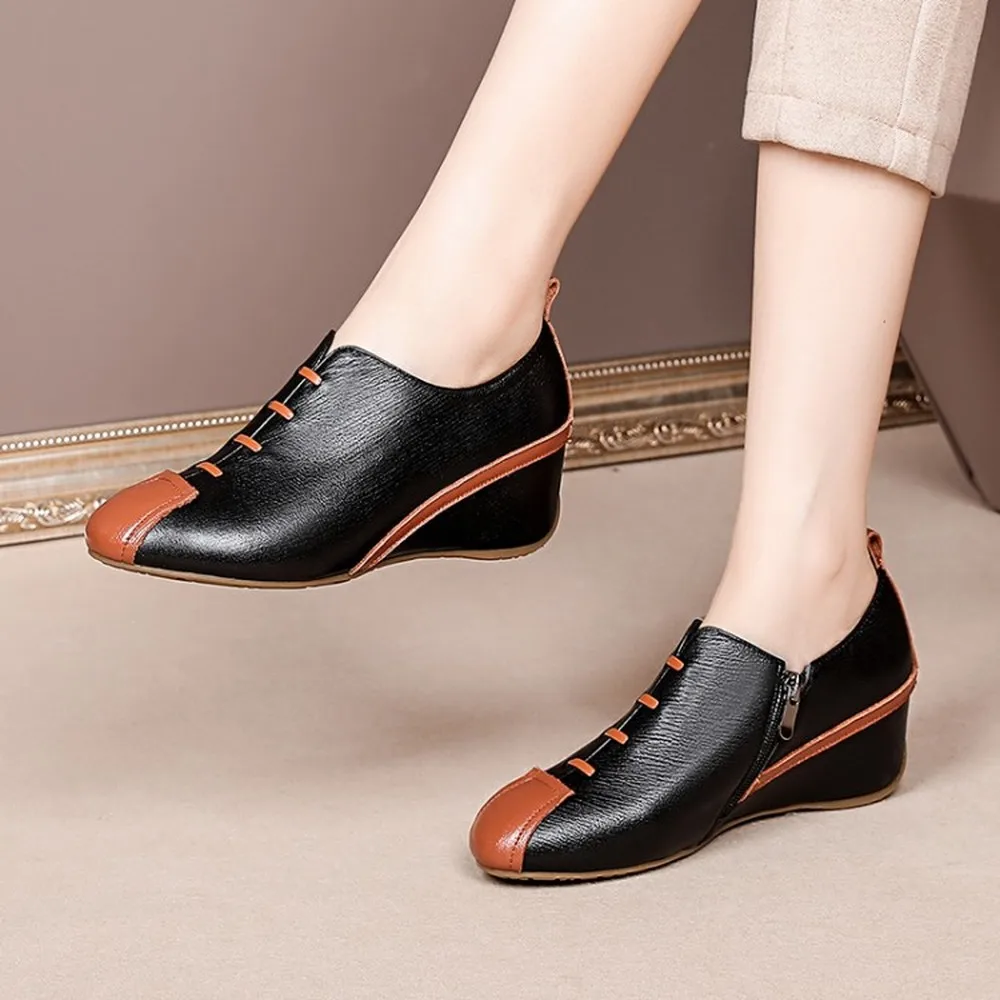 

Hot Sale Women Square Toe Match Colors Lace Up Wedge Mid Heel Wingtip Real Cow Leather Shoes Oxfords OL 2Colors Plus Size