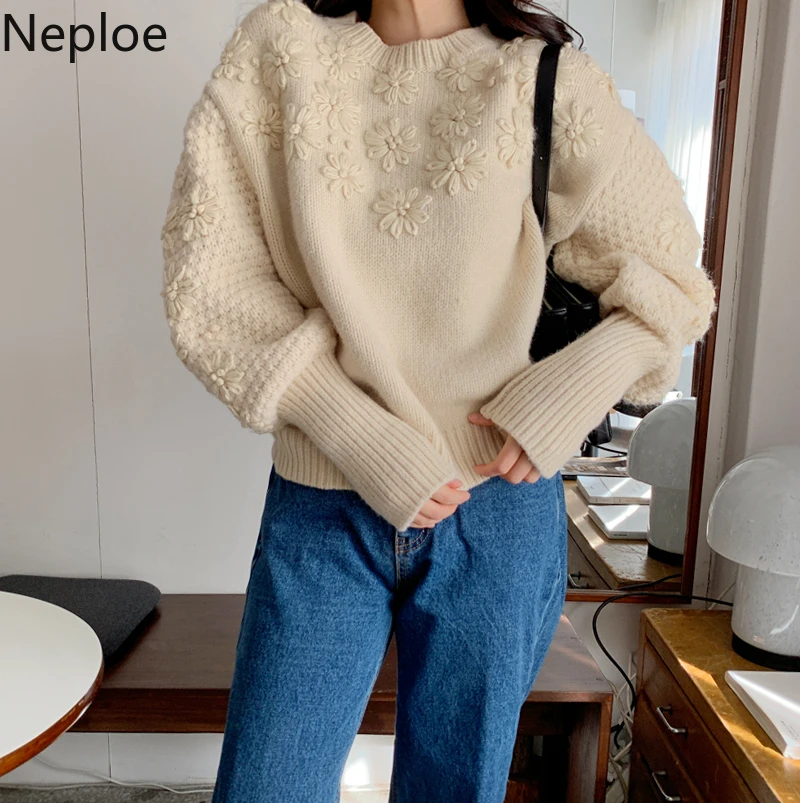 Женский вязаный свитер с вышивкой Neploe джемпер свободного кроя круглым вырезом и