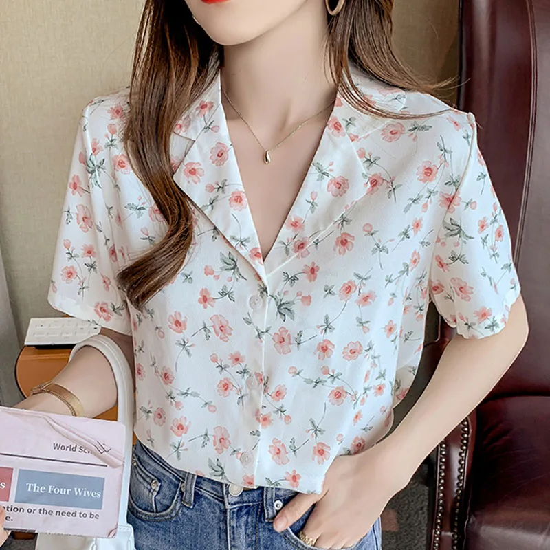 

2021 Summer Fashion Elegant Flower Women's Shirt V-Neck Button Chiffon Tops Ladies Blusas Female Dropshipping white blouse 0620