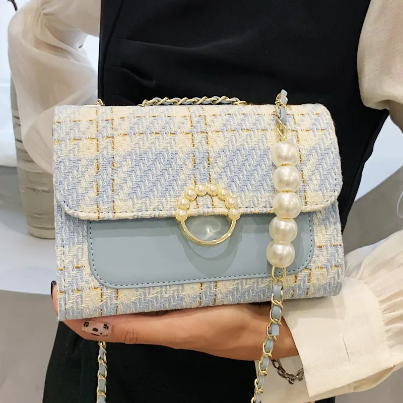 

Chain Pearl Shoulder Bags for Women Quality Woolen Cloth Crossbody Bag Small Flap Messenger Bag Ladies Brand Design Handbags Sac