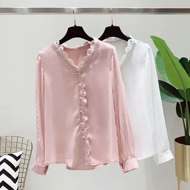 YTNMYOP Sweet Spring Blouse Women Loose Fashion Chiffon V-neck Lady Short Long Sleeve Clothing For Girls Pink White Colors