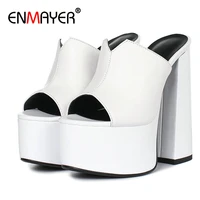 enmayer slides women solid summer 2020 genuine leather outside women slippers platform super high square heel shoes woman 34 41