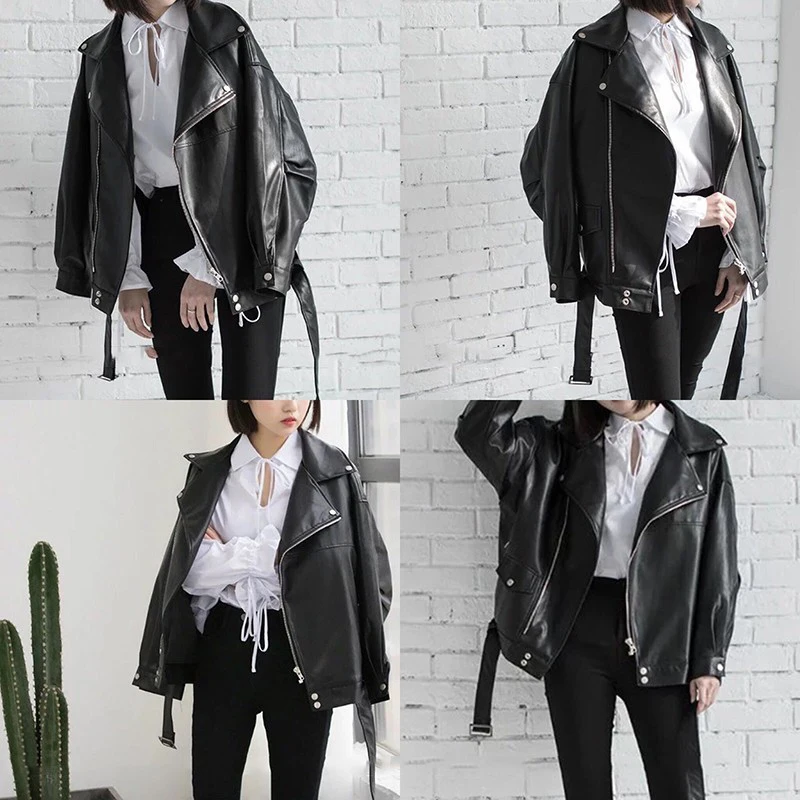 

High Quality 2021 Spring Black PU Leather Loose Turn-down Collar Zipper Fashion New Women's Wild Jacket