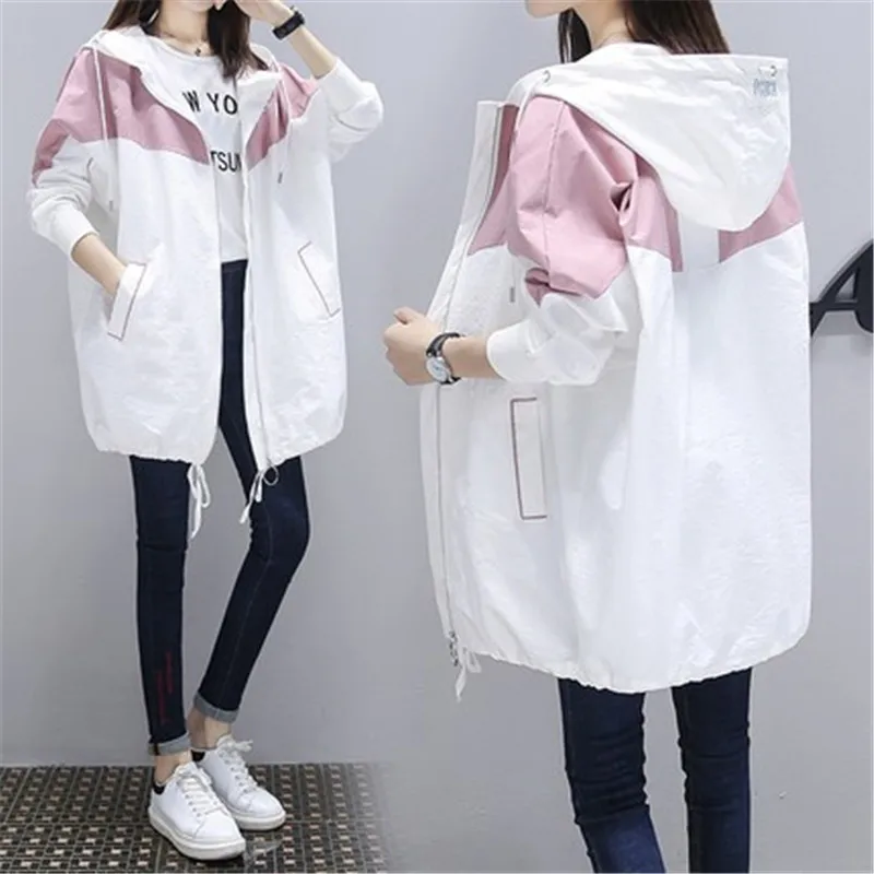 

Meidum Long Spring Autumn Trench Coat New Fashion Women Casual Hooded Patchwork Color Korea Female Windbreaker Outerwear Coats