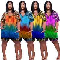 womens one piece overalls leopard gradient printed v neck short jumpsuit with two side pockets casual short sleeve loose romper