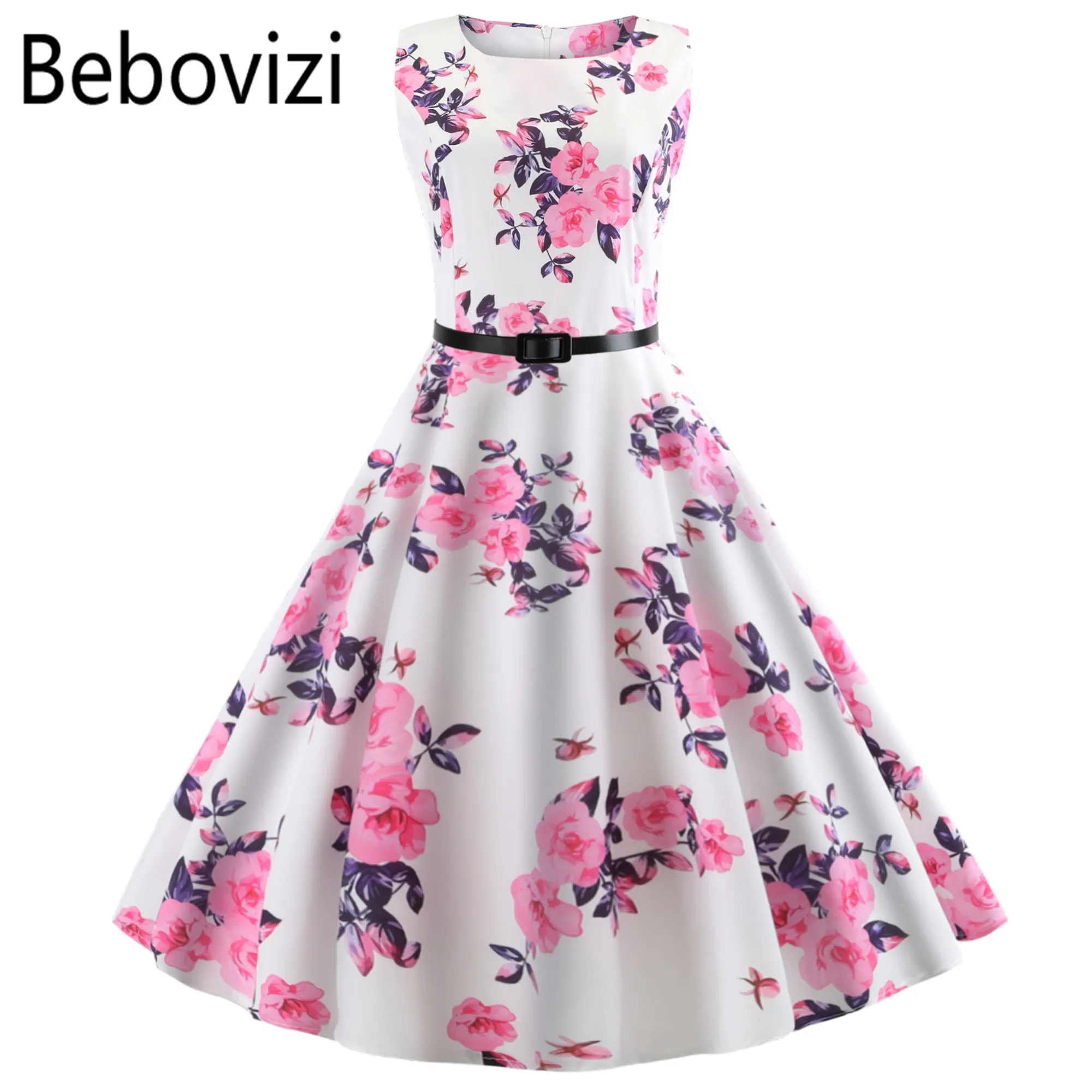 Женское винтажное платье миди с пышной юбкой синее цветочным принтом туника