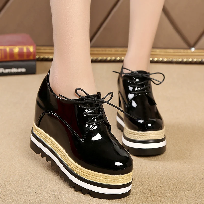 

New Women Shoes Patent Leather Lace Up Thick Heel Increased Flat Platform Oxford Shoes Woman Loafers Solid Black Casual Shoes