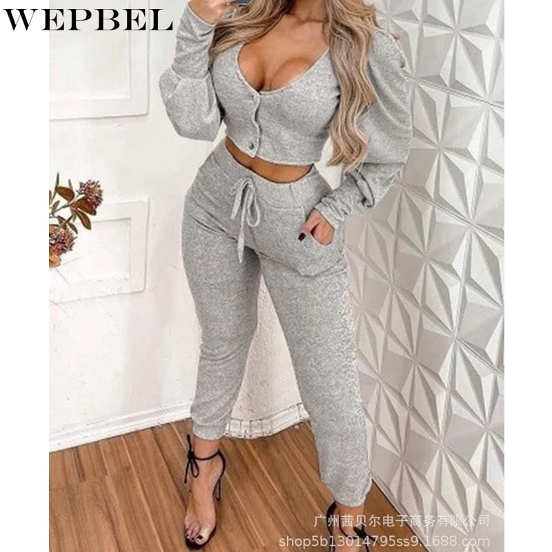 

WEPBEL Women's Solid Color Slim Fit Sports Suit Autumn Long Sleeve V-neck Top High Waist Lace-up Pocket Pencil Pants Suit