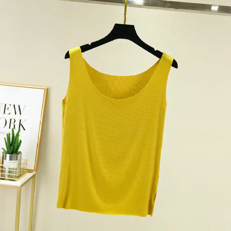 Женский Тонкий Свободный жилет блестящий однотонный топ без рукавов со стразами