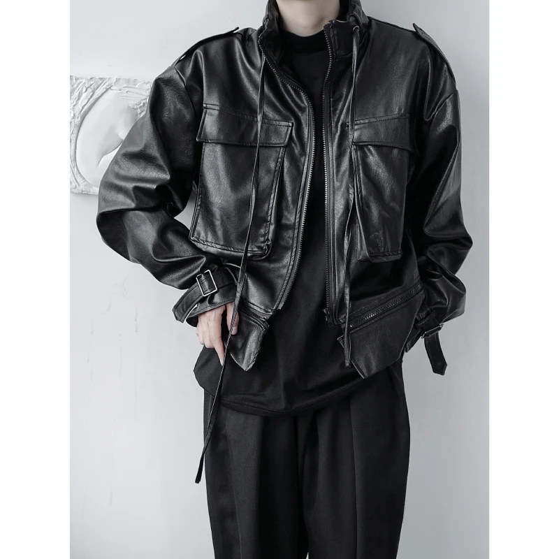 

Male Japan Korea Streetwear Vintage Faux Leather Coat Outerwear Men Big Pocket Stand Collar Short Leather Motorcycle Jacket
