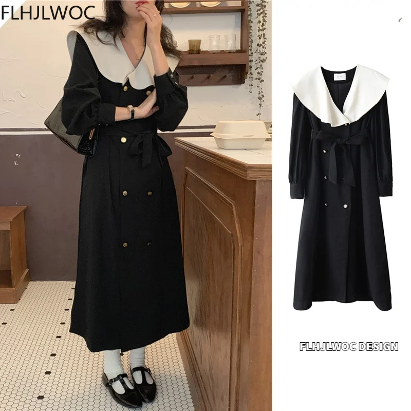

2022 Chic Korea Fashion Clothes Fenimine Vestido Women Elegant Office Lady Vintage Black Long Double-Breasted Button Shirt Dress
