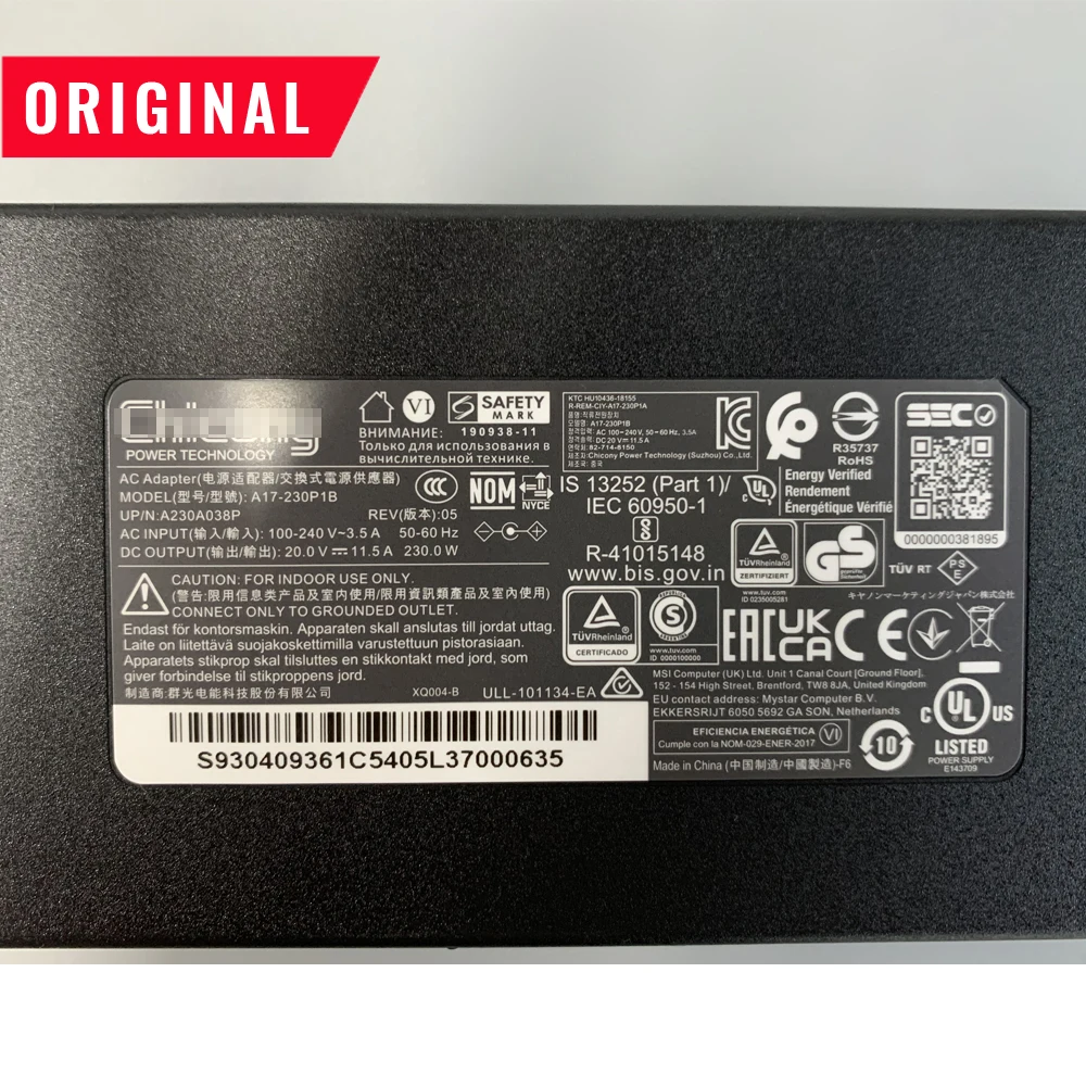 new original 230w a17 230p1b for chicony ac adapter 20v 11 5a for msi gs66 gl75 gaming laptop charger power supply 5 5x2 5mm free global shipping