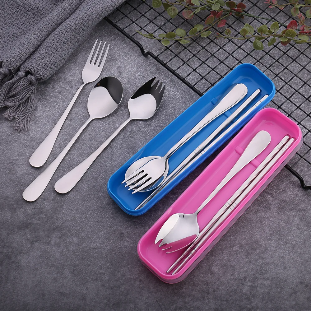 

304 Stainless Steel Fork Chopsticks Scoop Outdoor Reusable Practical Washable Dinnerware Set Transparent Cover