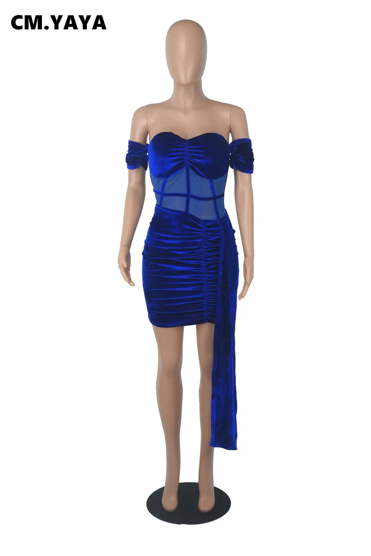 CM.YAYA женское Сетчатое прозрачное бархатное лоскутное платье с открытыми плечами