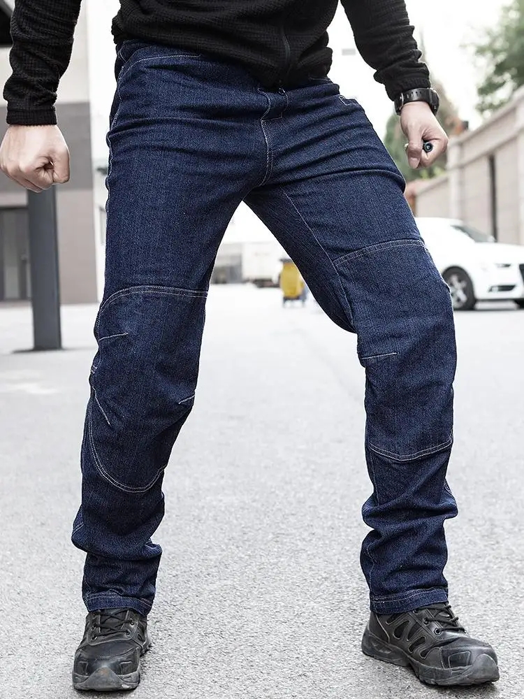 Spring Men Tactical Denim Pants Stretchy Jeans Trousers Comfortable  Multi Pockets Commuter Strengthen Knee Training Pants 2XL