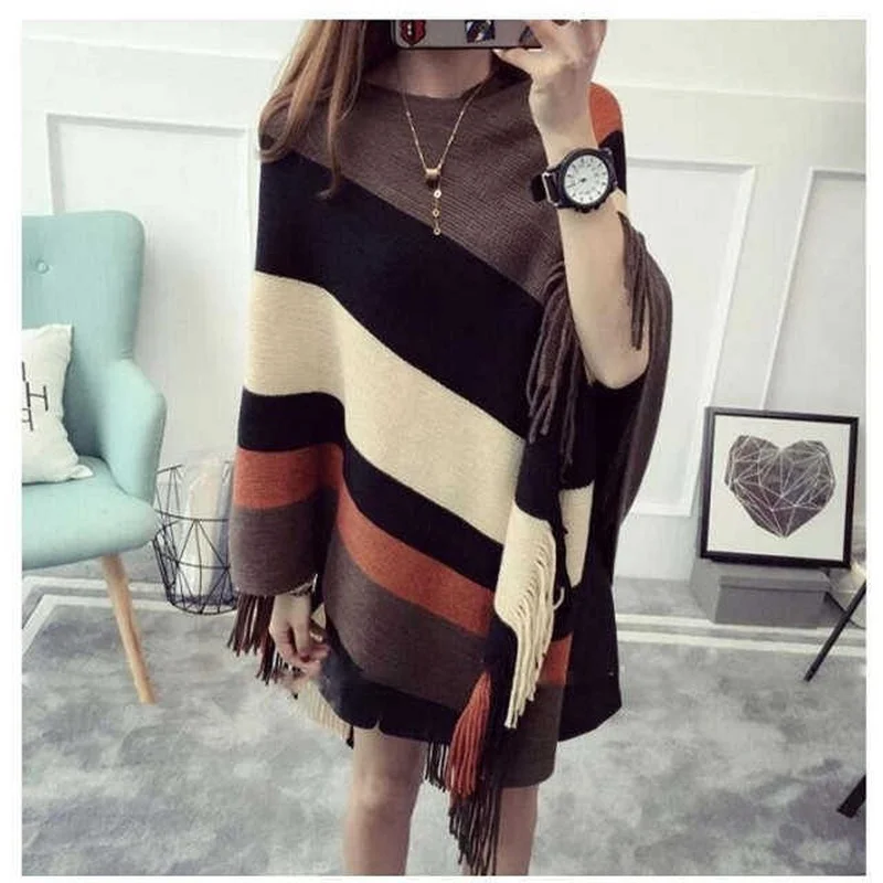 

2022 Tassel Sweater Women's Pullover New Women's Spring And Autumn Jacket Bat Sleeve Cloak Shawl Knitted Color Matching Top