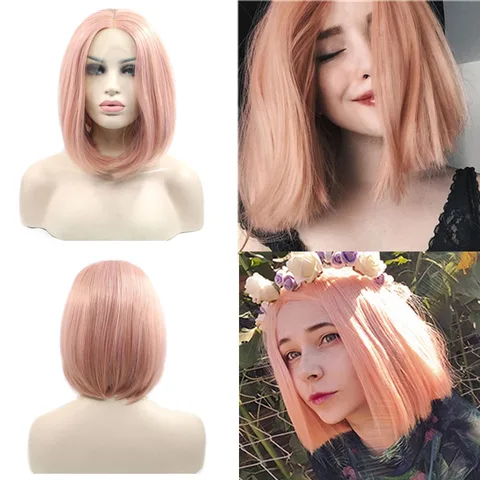 Персиковый розовый короткий боб синтетический парик фронта шнурка оранжевый для модных женщин Термостойкое волокно сменный парик натуральные парики