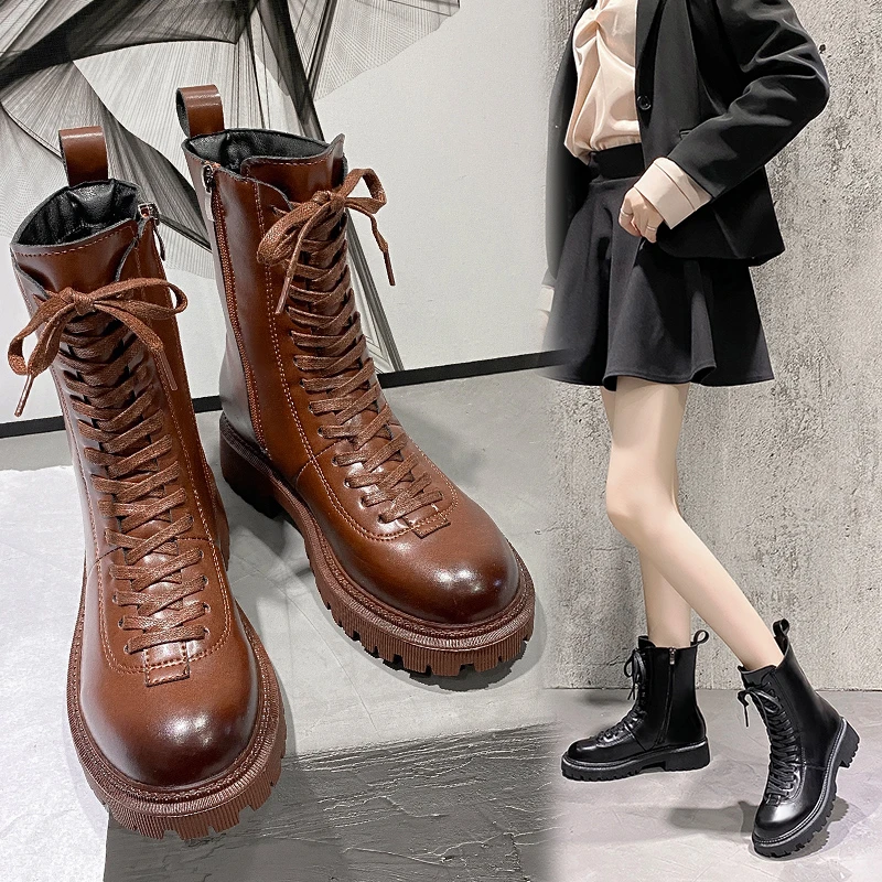 

Women's Autumn Winter Short Boots Fashion Platform Boot Martin Boot Casual Shoe Boot Comfort Ankle Boot Ladies Zip Leather Boot