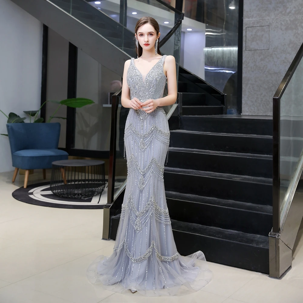 

Sliver Luxury Beading Crystal Mermaid Evening Dresses 2020 V-Neck Women Formal Party Long Prom Gown With Jacket vestido de festa
