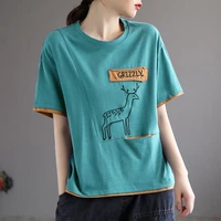 womens cotton short sleeved t shirt summer 2021 new pocket embroidered patch loose all match t shirt top