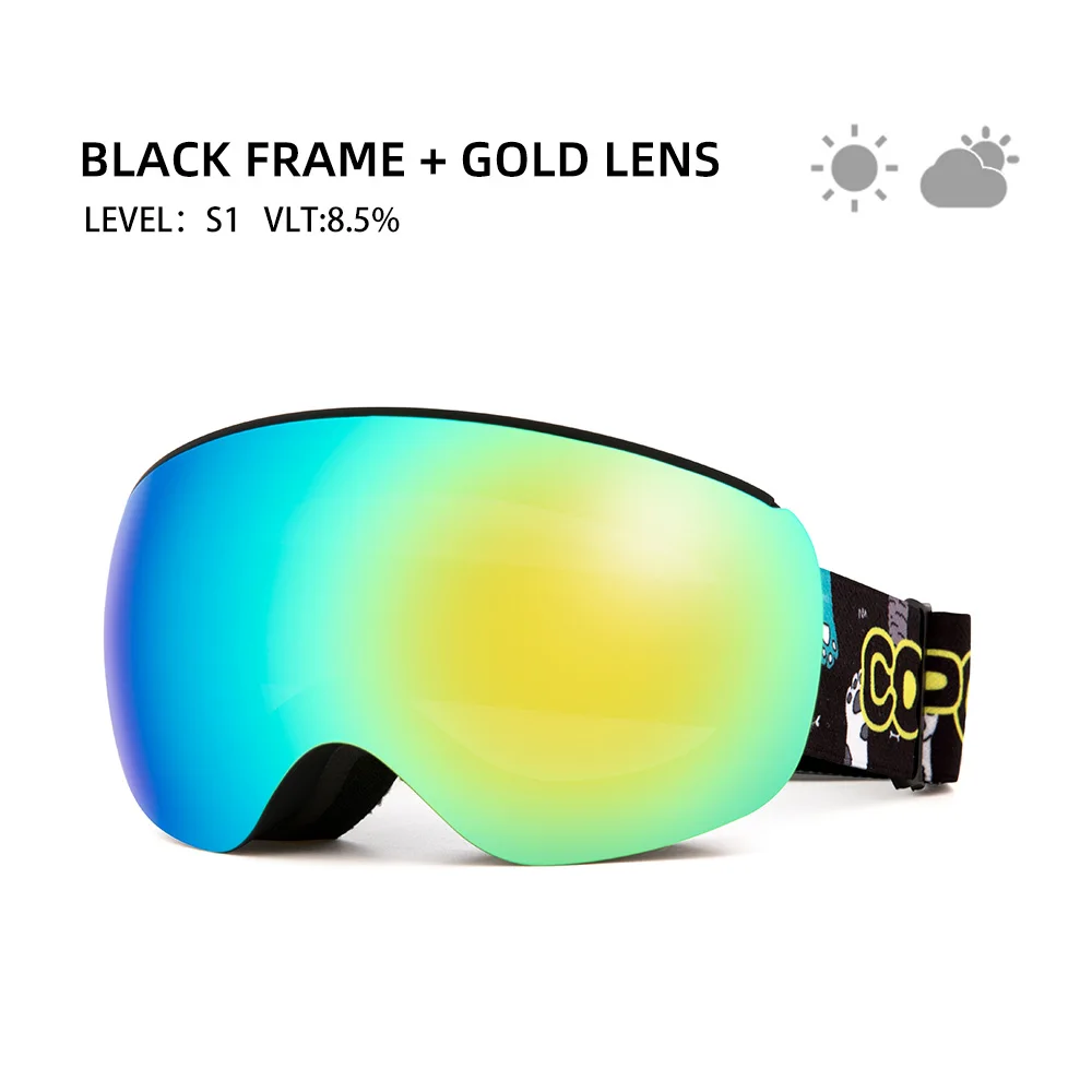 bk frame gold lens Магнитные Детские лыжные очки для детей UV400, противотуманные маски, очки для катания на лыжах для девочек и мальчиков, очки для сноуборда с персонализированными ремешками - Цвет: bk frame gold lens