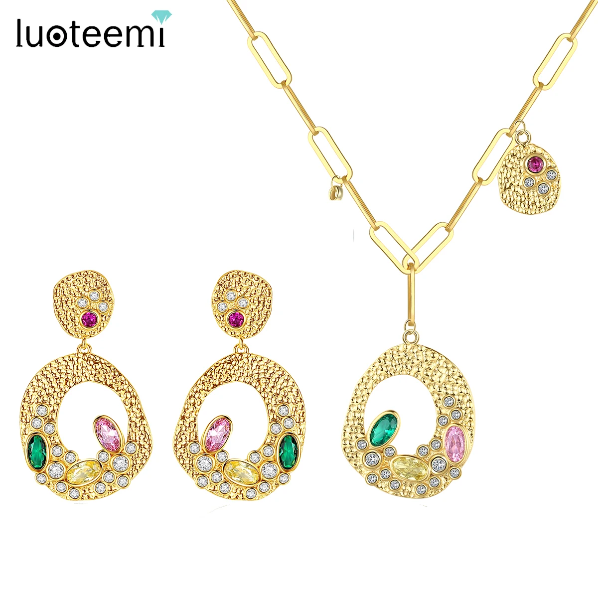 

LUOTEEMI Multiple CZ Stones Earring Necklace Jewelry Sets for Women Round Hollow Girl Party parures bijoux free shipping items