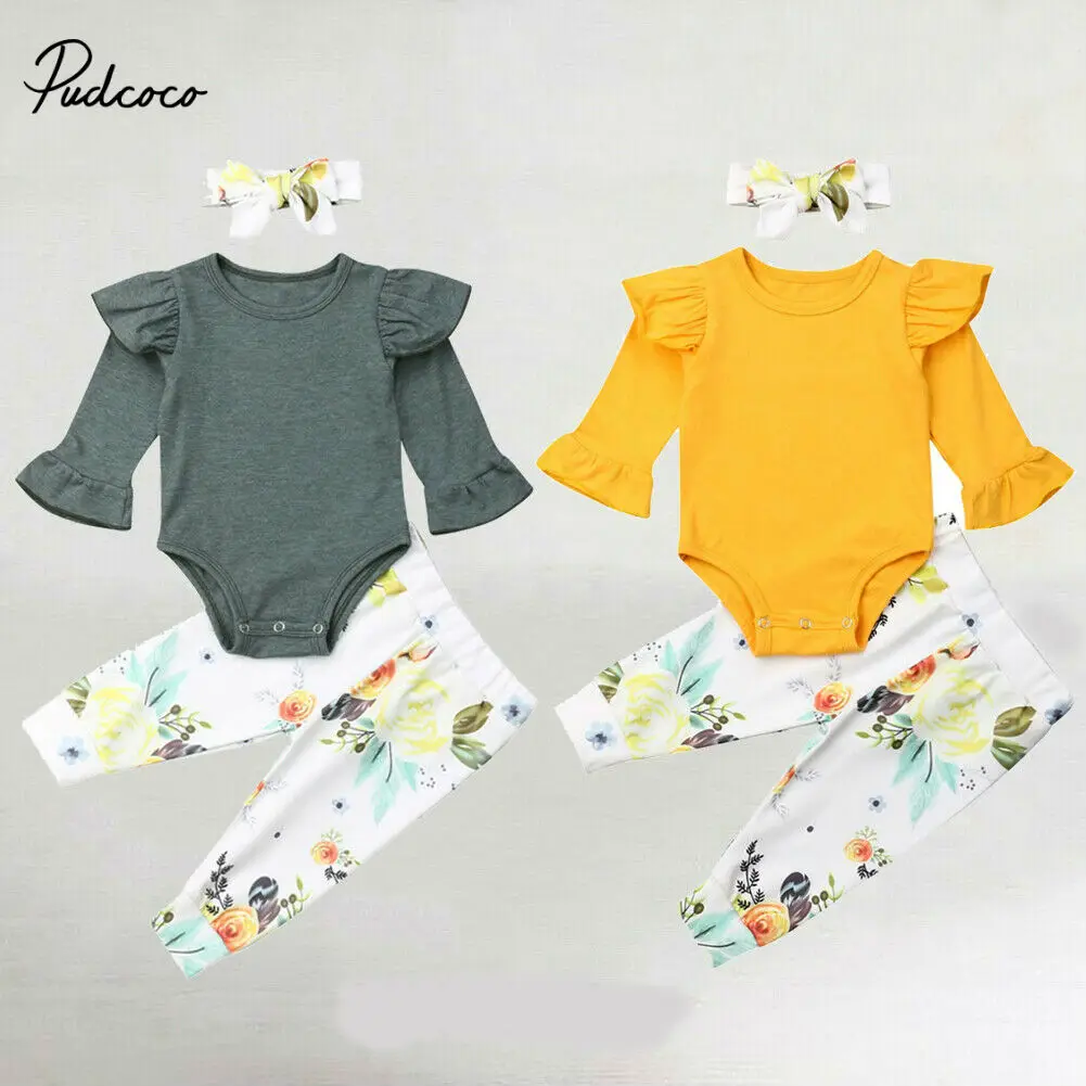 Pudcoco Girls Suits 3PCS Newborn Infant Baby Clothes Playsuit Long Sleeve Romper Pants Outfit Set Toddler Flower Clothing | Мать и