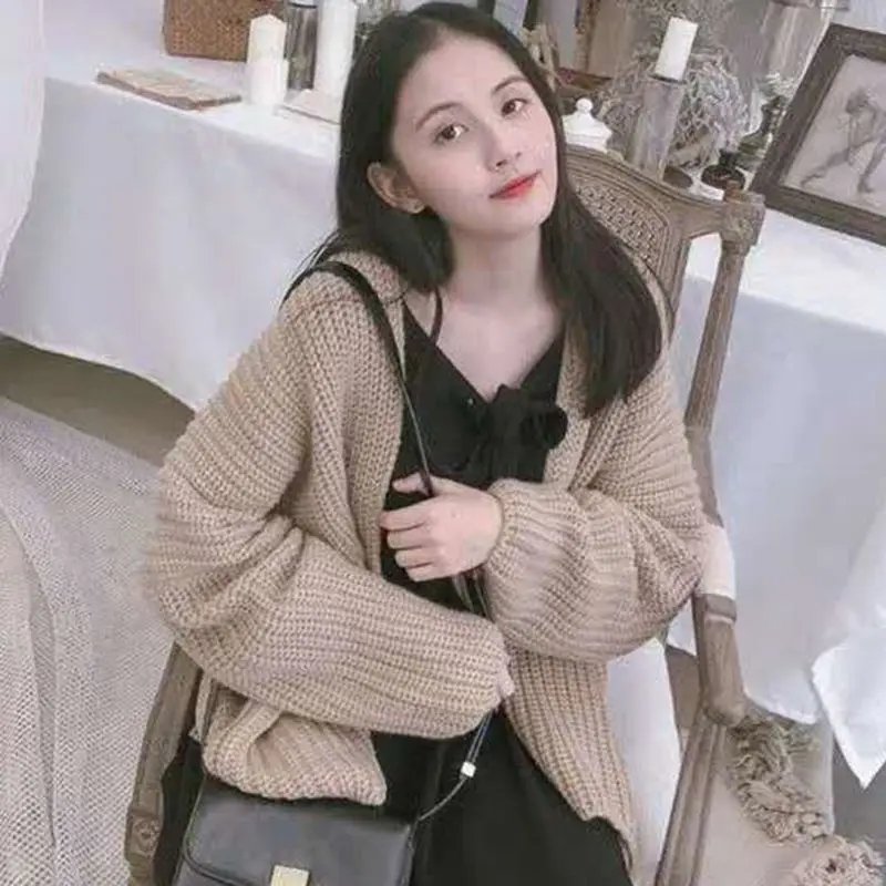 Women Casual Solid Color Sweater Korean Style Cardigan Vintage V Neck Bat Sleeve Button Loose Warm Knitwear |