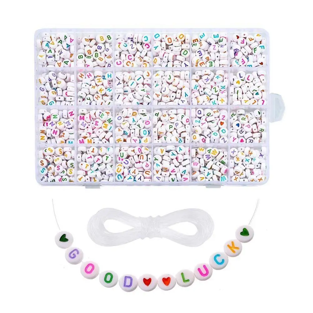 

1200pcs White Acrylic Round Beads Kits Black Alphabet Letters & Red Heart Beads & Elastic Line DIY Jewelry Making