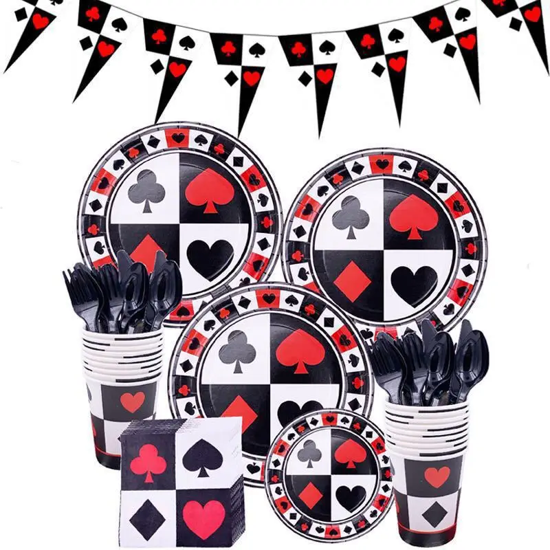 

Casino Theme Party Decor Poker Tableware Las Paper plate Tablecloth Vegas Party Decor Hen Night Bachelorette Party Flag Banners