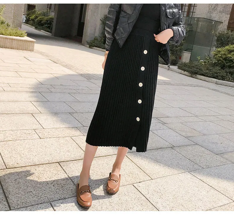 Осенне-зимние эластичные юбки с высокой талией для женщин s Faldas Mujer Moda Jupe вязаные плиссированные юбки женские тонкие юбки на пуговицах