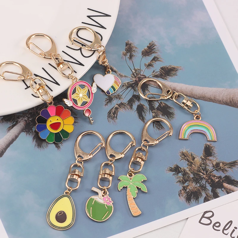 

DIY Fashion Creative Flower Avocado Potted Rainbow Pendant Keychain For Girl Jewelry Plant Heart-shaped Alloy Accessories 2020