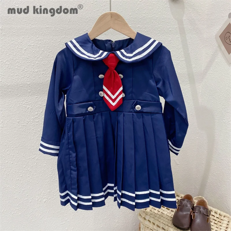 

Mudkingdom Girl Tie Dress Preppy Style Sailor Collar Long Sleeve Pleated Dresses Girls Long Sleeve Kids Clothes Spring Autumn