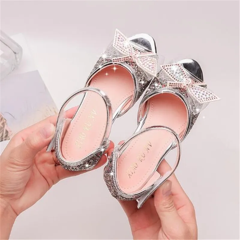 

New Summer Girls Sandals Student Performance High Heels Princess Children Shoes Kids Leather Dance Shoes 041