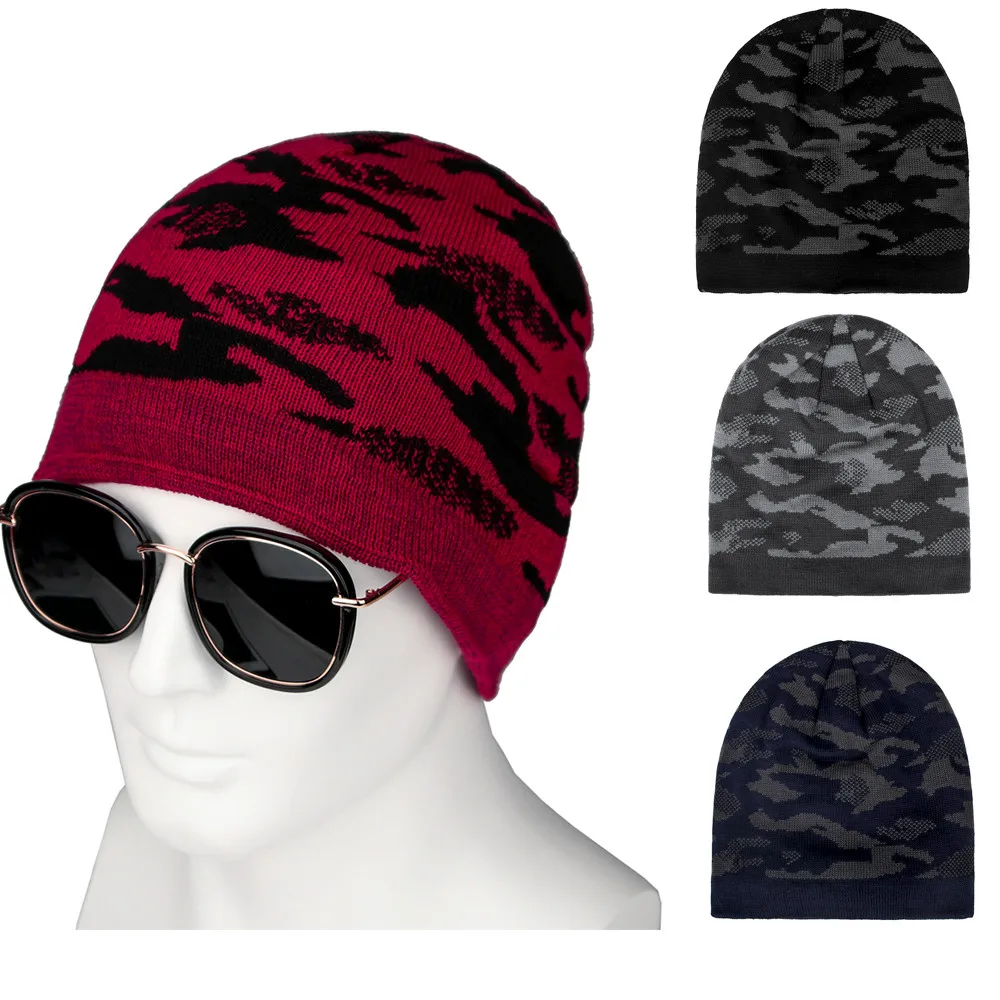 Модная мужская и женская зимняя бархатная теплая камуфляжная вязаная шапка