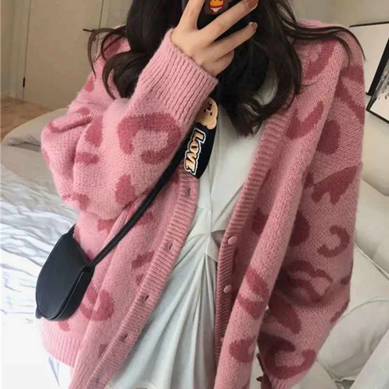 

Vintage Long Sleeve Loose Leopard Cardigans Knitted Sweater Harajuku Fashionable Ladies Charming Ulzzang Cardigan Sweet Sweaters
