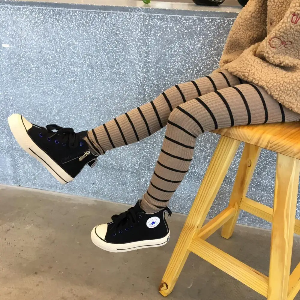 Детские хлопковые леггинсы в рубчик эластичные полосатые для девочек на осень и