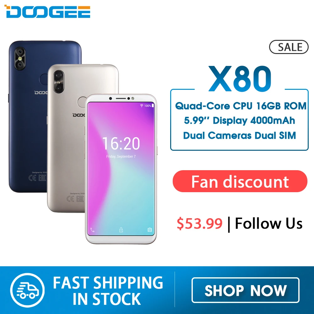 DOOGEE X80 смартфон с 5 99 дюймовым дисплеем восьмиядерным процессором ОЗУ 1 ГБ ПЗУ 16 4000