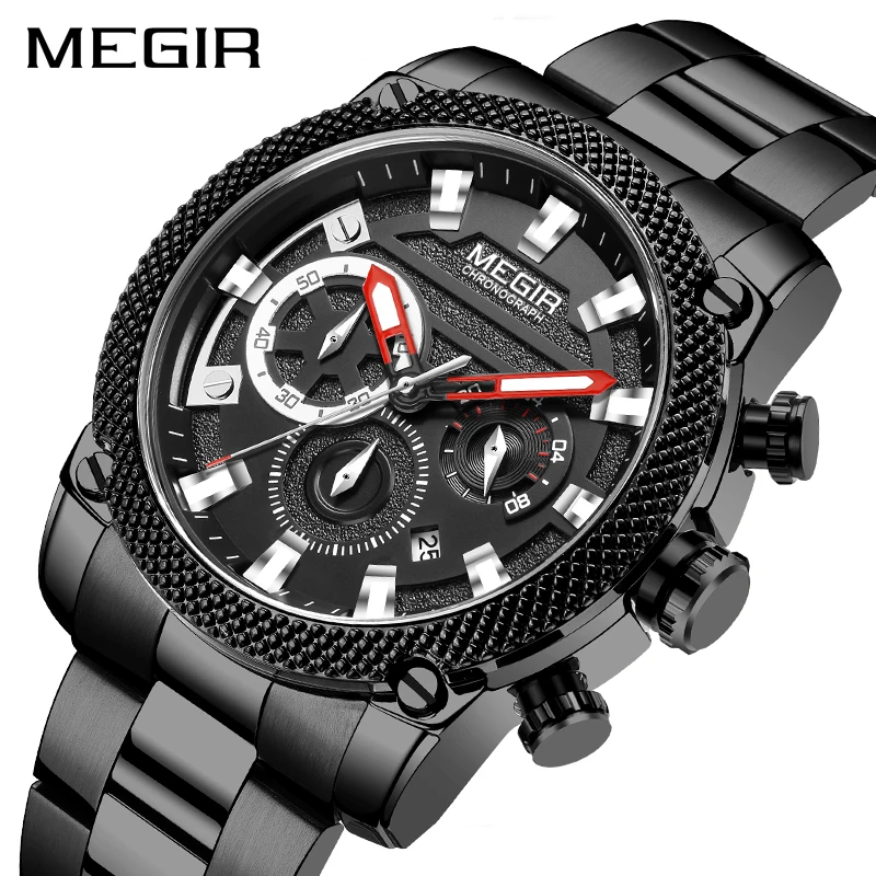 

MEGIR Black Men's Sports Chronograph Luminous Function Waterproof Quartz Wristwatch Male Steel Clock Relogio Masculino 2021 New