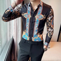 luxury print mens shirts vintage slim long sleeve streetwear shirt male casual business formal dress tops social party tuxedo